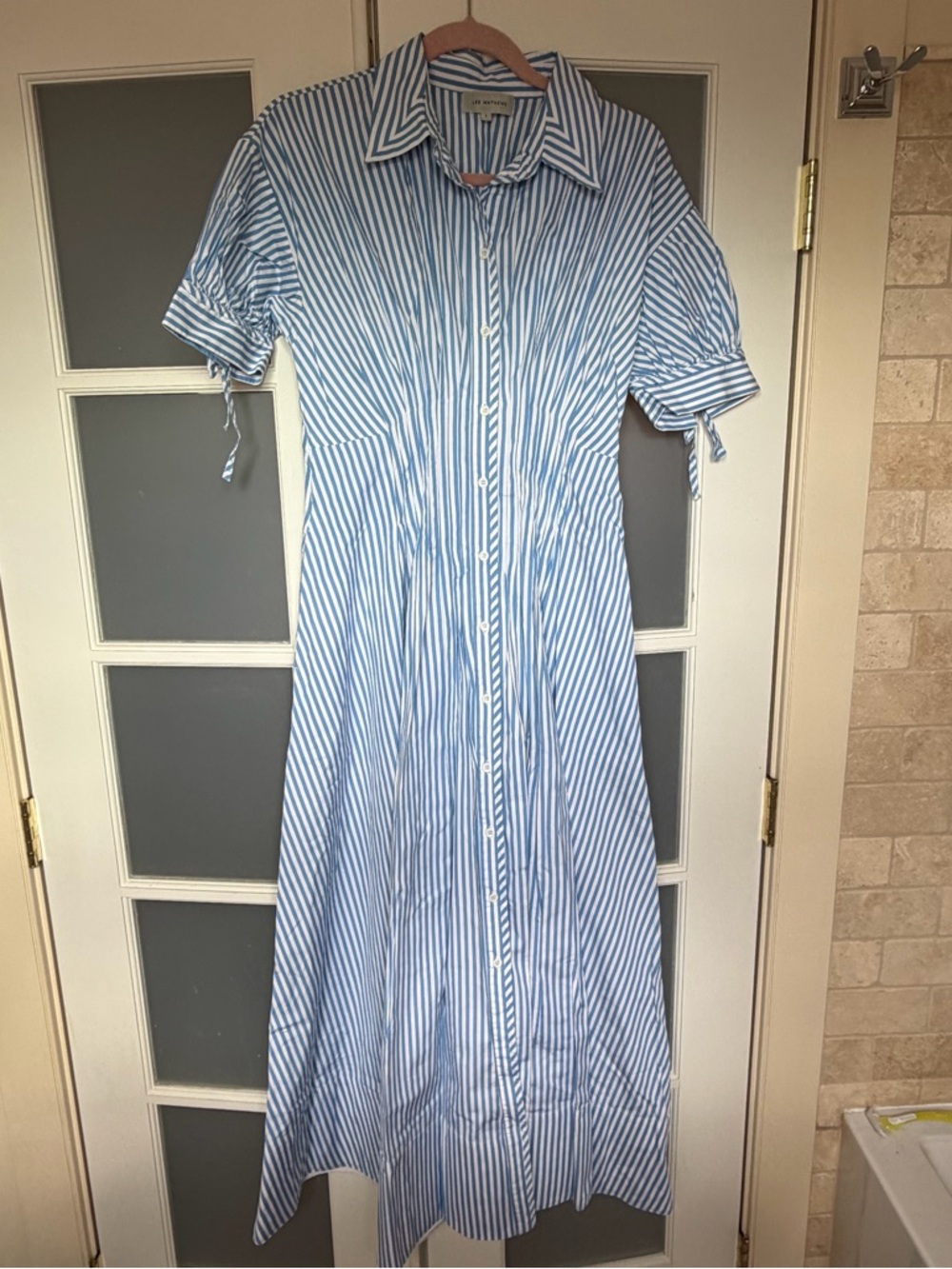 Lee Mathews Blue and White Striped Maxi Shirt Dress